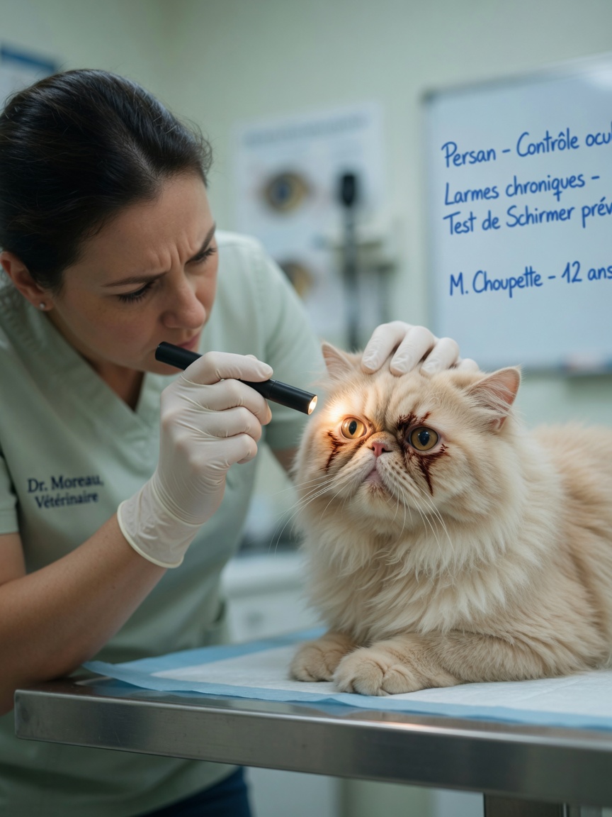 Veterinarian performing eye examination on a Persian cat showing tear staining and signs of eye disease