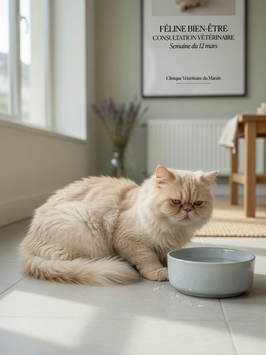 Persian cat showing signs of polycystic kidney disease including lethargy and decreased appetite near water bowl