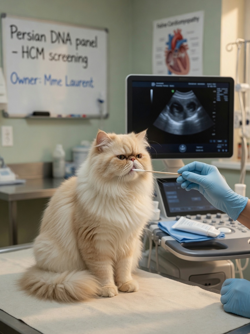Un gatto persiano che riceve un tampone guancia per il test genetico PKD presso una clinica veterinaria con attrezzature ad ultrasuoni visibili