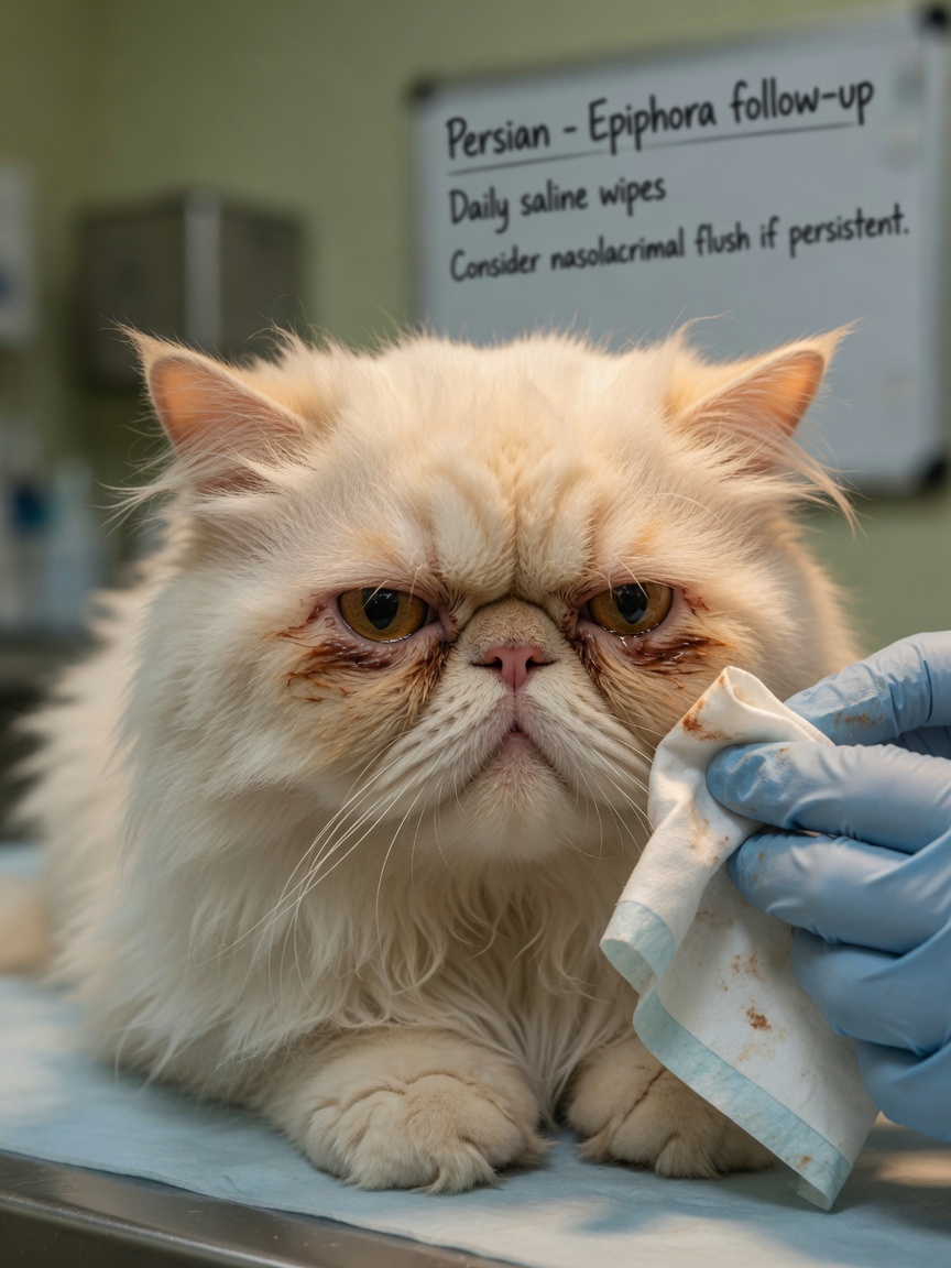 Le pieghe facciali lacrimate di un gatto persiano vengono gentilmente pulite durante l'esame veterinario, mostrando le complicazioni dell'epifora
