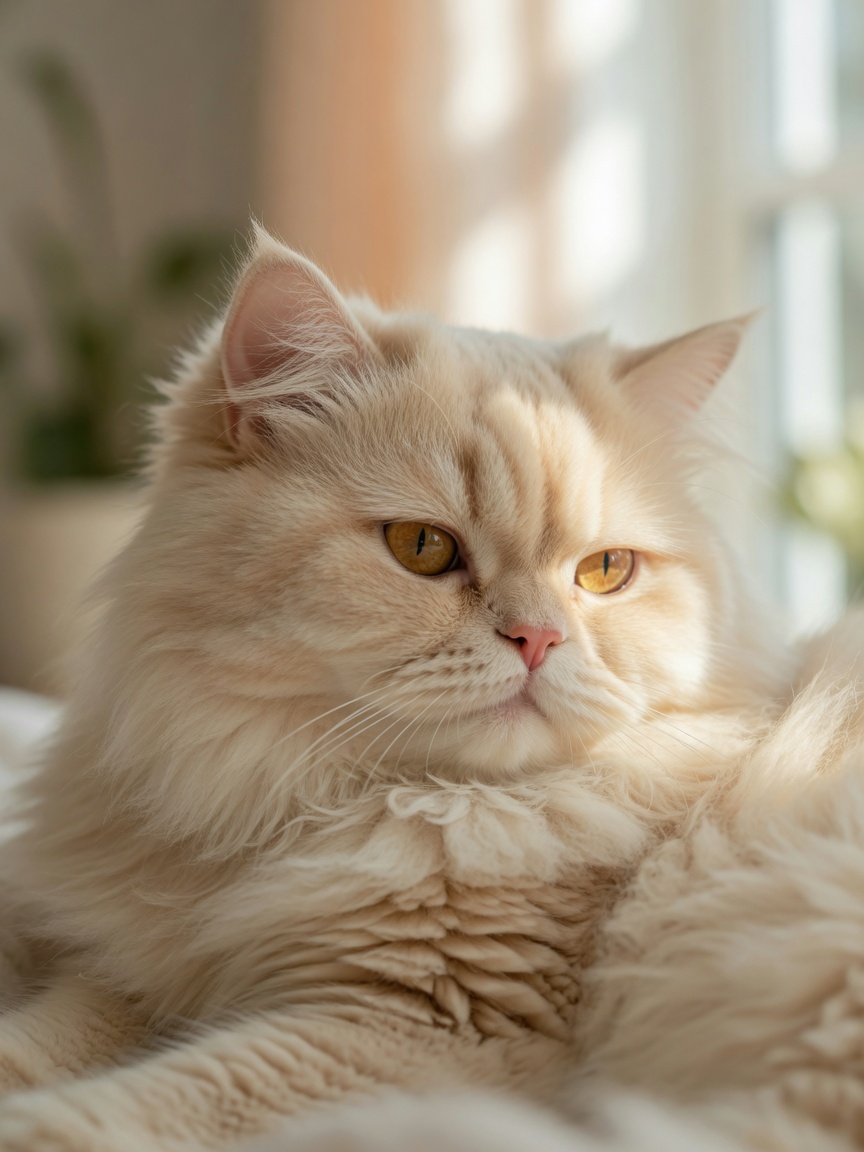 Portrait of a healthy Persian cat with cream long coat and characteristic flat face resting peacefully in natural window light.
