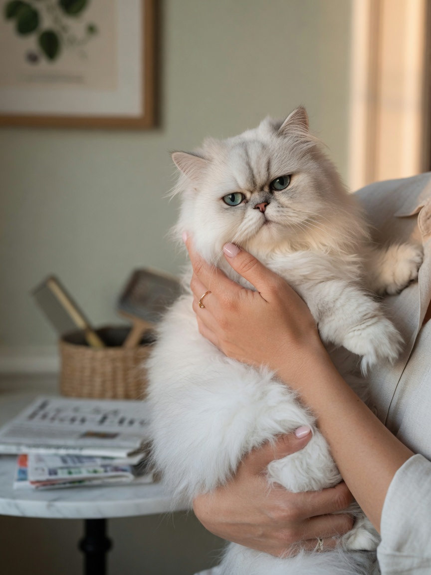 Owner gently examining and holding a healthy Persian cat with white and grey long coat, demonstrating attentive home care observation.
