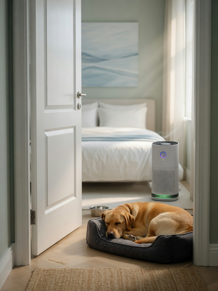 HEPA air purifier running in a bright bedroom with golden Labrador dog bed positioned outside the bedroom door