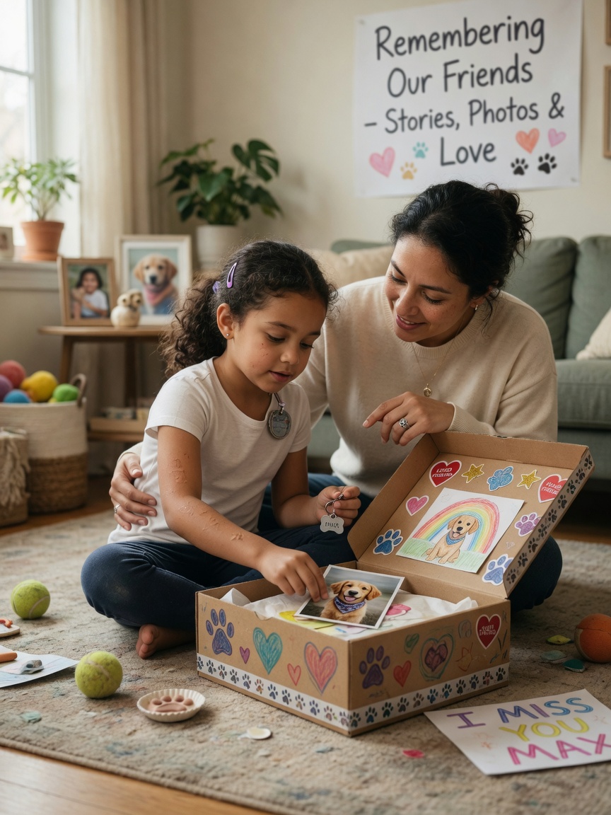 A child and parent creating a pet memory box together, placing photos and mementos inside as a ritual for processing grief