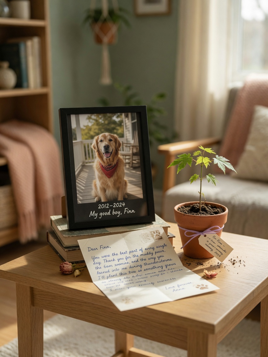Un arrangement commémoratif d'animal de compagnie sur une étagère comportant une photo encadrée, une jeune plante et une lettre manuscrite à la lumière naturelle chaleureuse