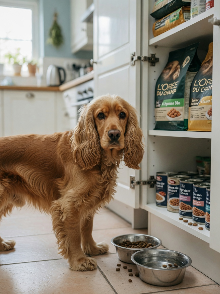 Cocker Spaniel standing beside pantry shelves with dog food and water bowl