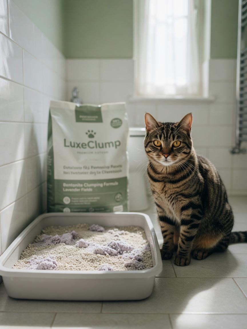 Tabby cat seated beside a litter tray with premium clumping litter