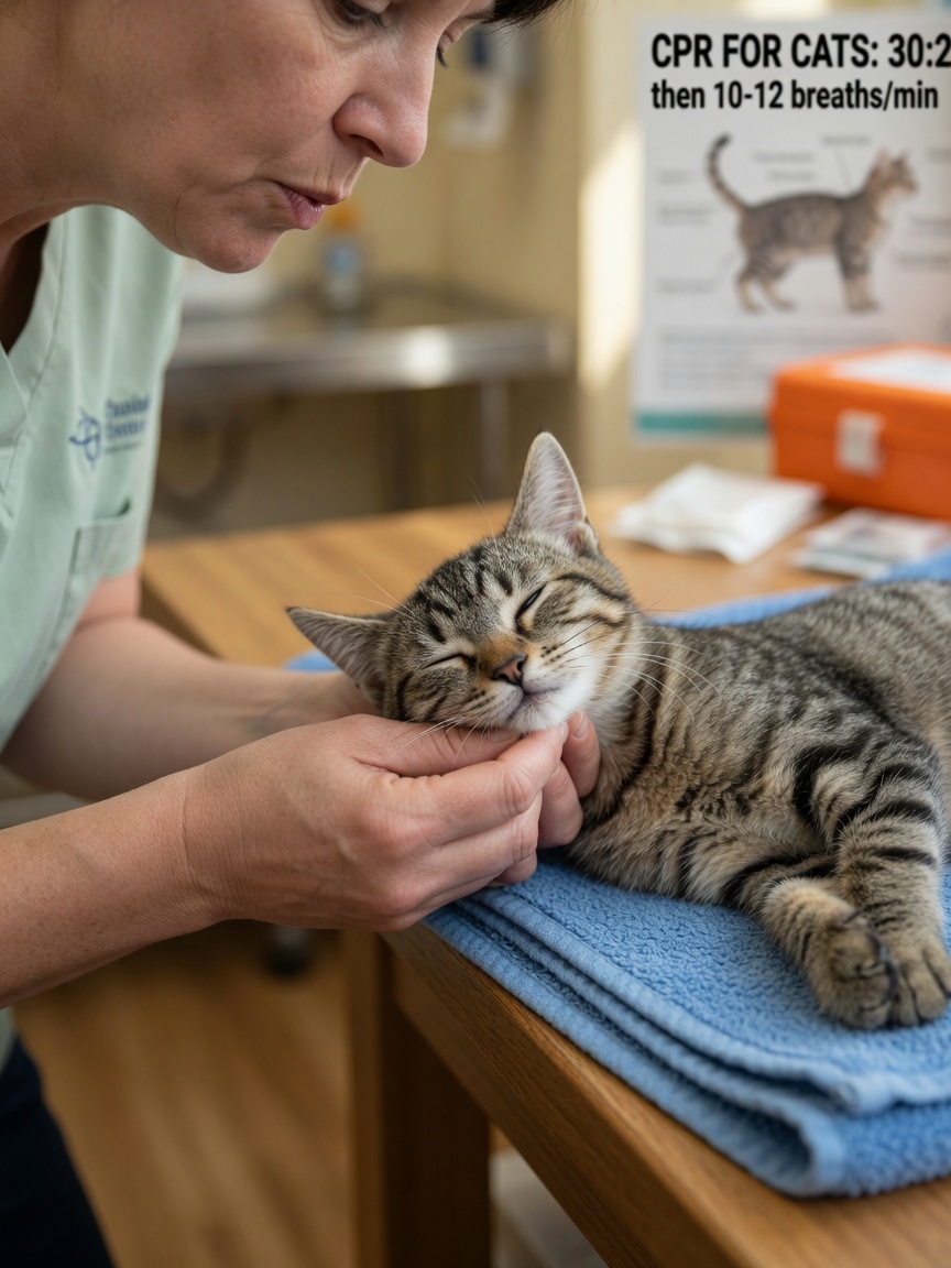Close-up of rescue breath technique being performed on a tabby cat during CPR