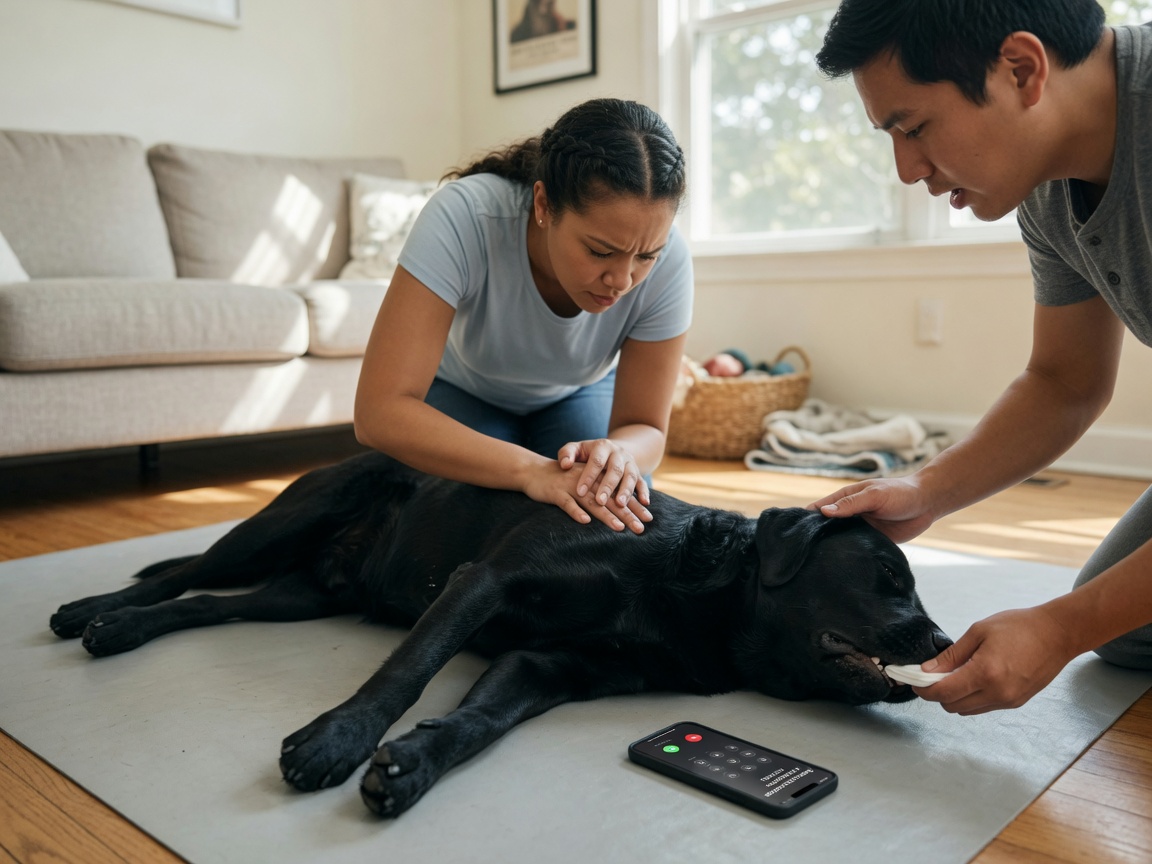 Two people performing coordinated CPR on a black Labrador with emergency phone contact visible