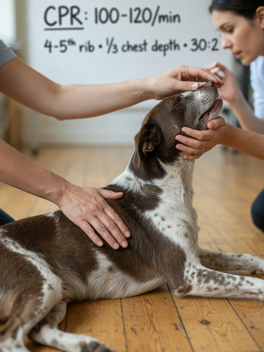 Hands demonstrating proper chest compression technique on a dog during CPR instruction