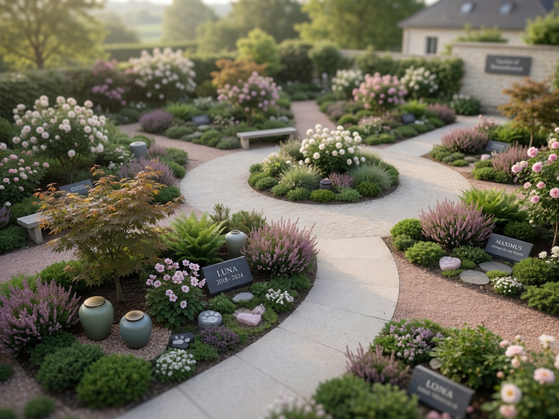 Tranquil pet cremation garden of remembrance with flowering plants and memorial plaques