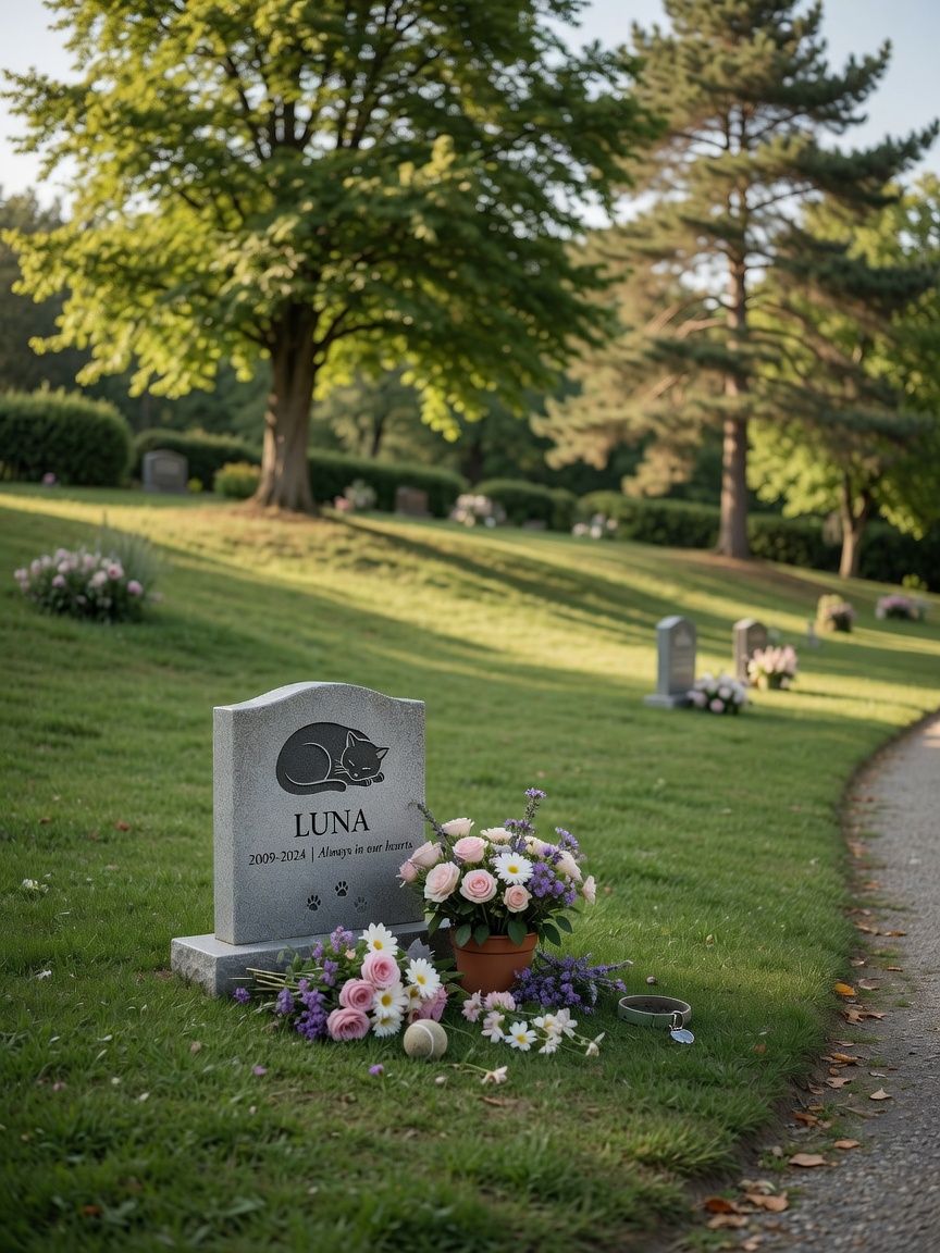 Pet cemetery plot with headstone, fresh flowers, and peaceful landscaped grounds