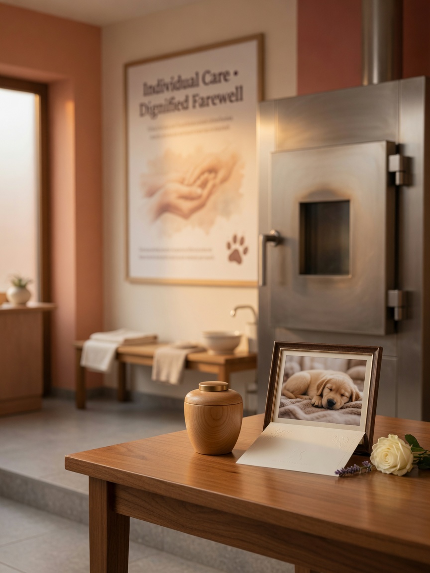Dignified cremation service room with wooden urn and memorial card on polished table with warm ambient lighting