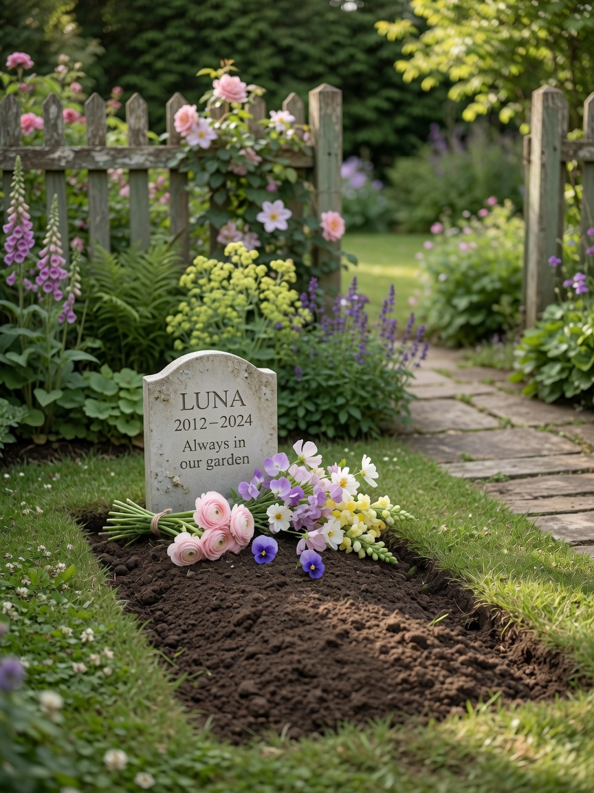 Garden memorial showing shallow grave with stone marker and fresh flowers placed among flowering plants and green grass