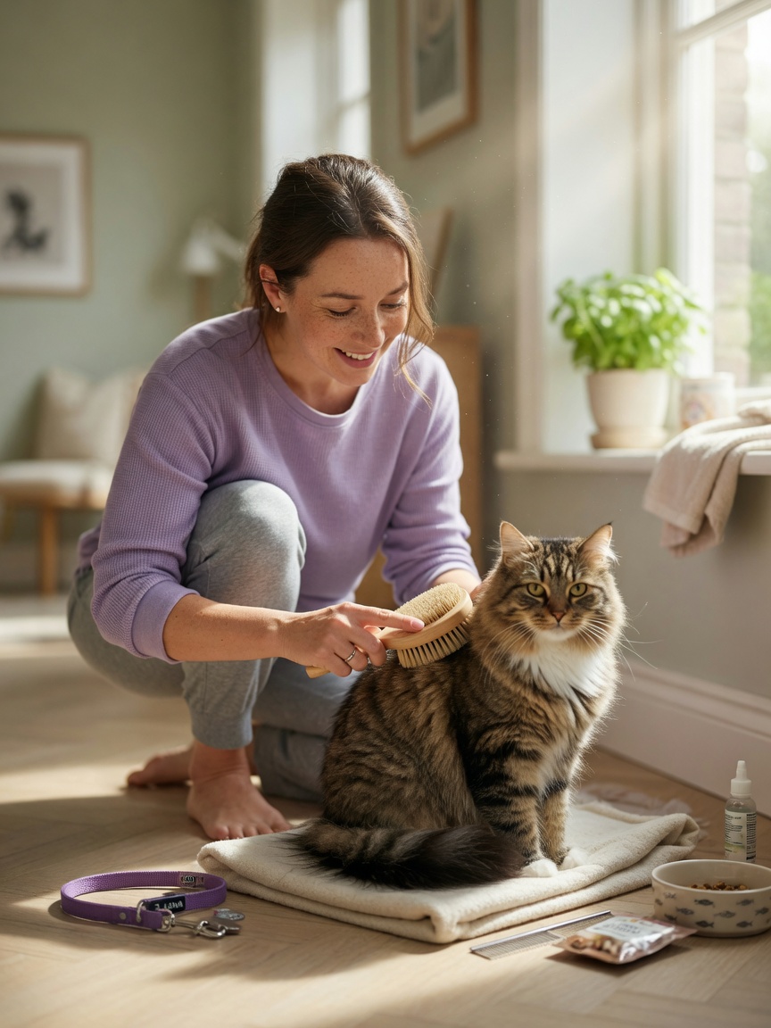 A pet owner carefully grooming a tabby cat at home, demonstrating primary caretaker responsibilities that courts consider in custody decisions.