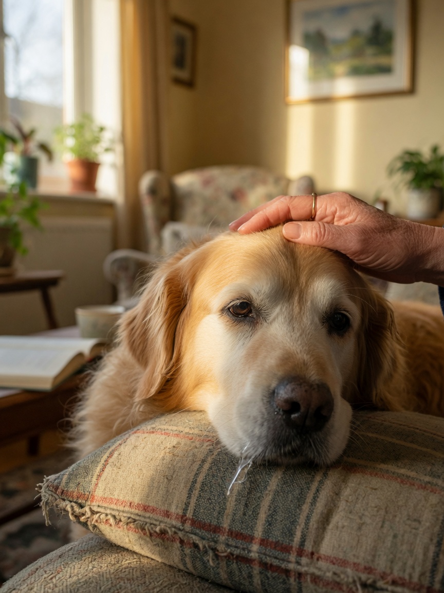 Senior dog looking uncomfortable and withdrawn, resting at home while owner shows concern