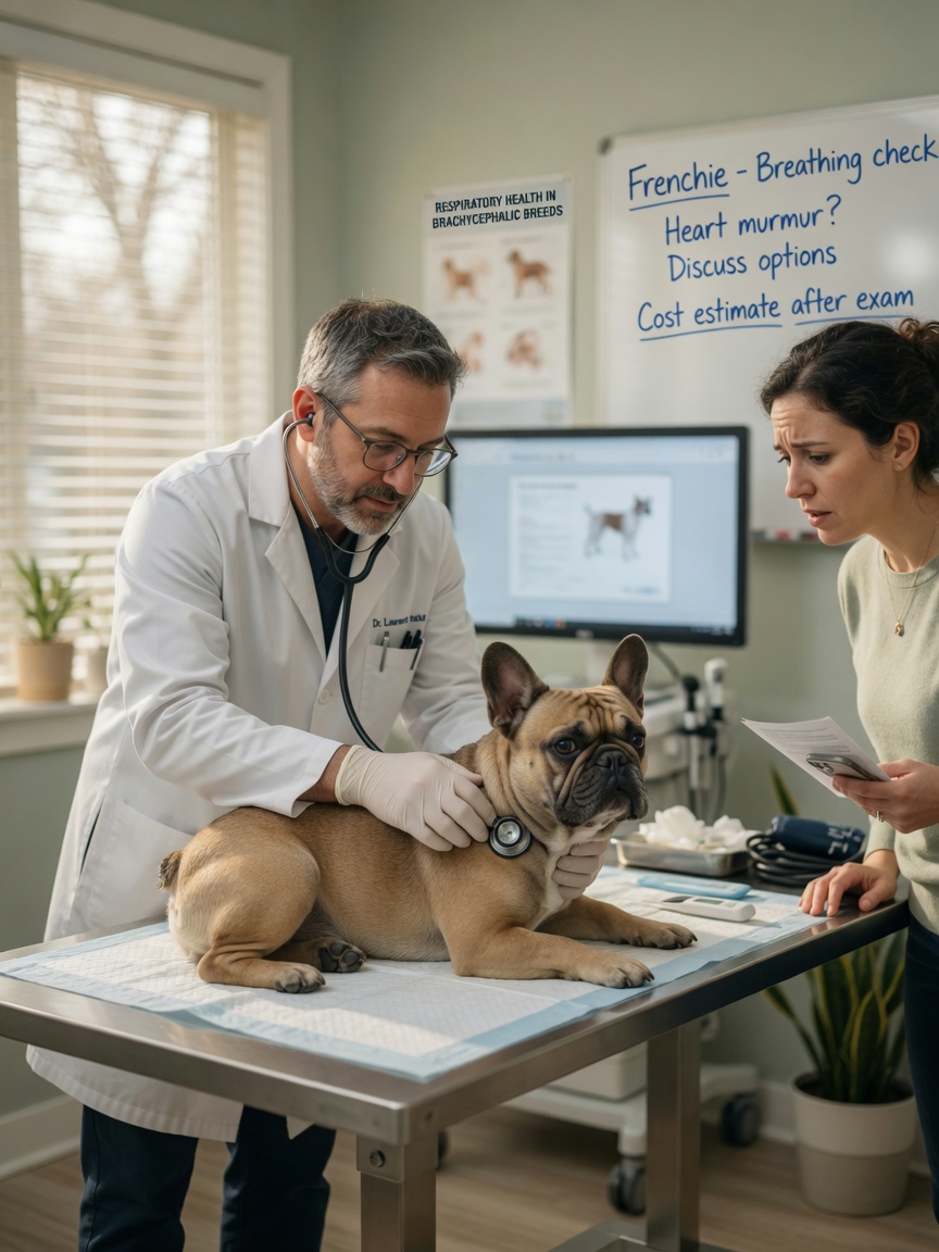Veterinarian examining a French Bulldog during consultation, representing breed-specific health emergency costs