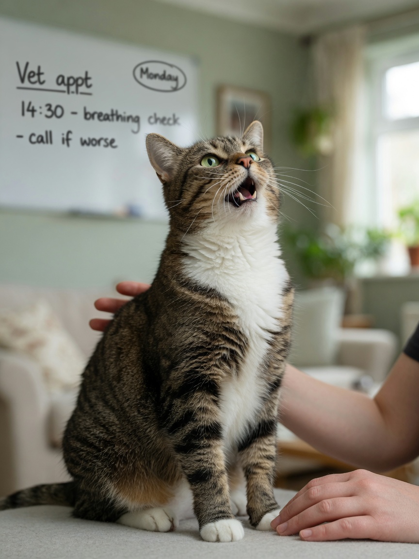 Gatto con bocca aperta che fatica a respirare, collo esteso, che mostra sofferenza respiratoria