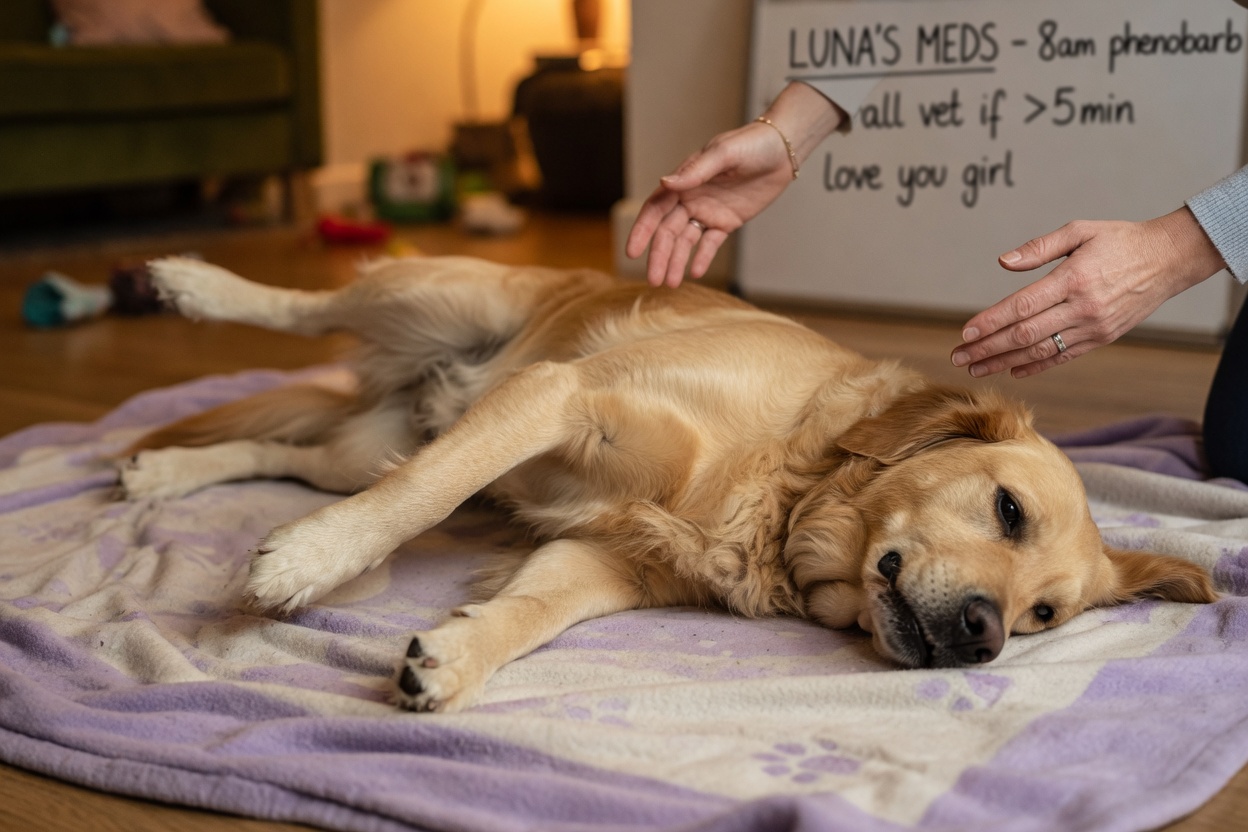 Golden retriever che ha una convulsione, sdraiato su un lato con zampe che pedalano su una coperta