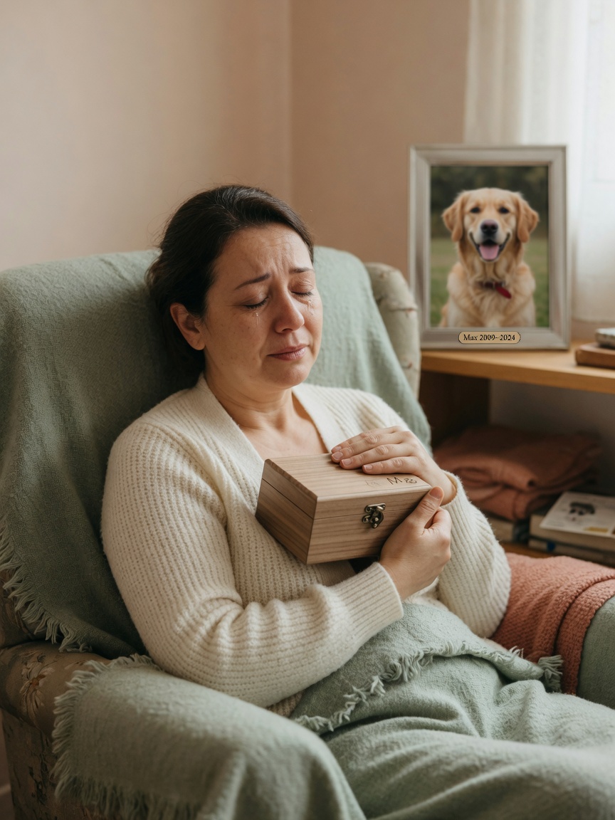 Person holding a wooden pet memorial urn with gentle contemplation and soft window light creating a peaceful atmosphere of remembrance
