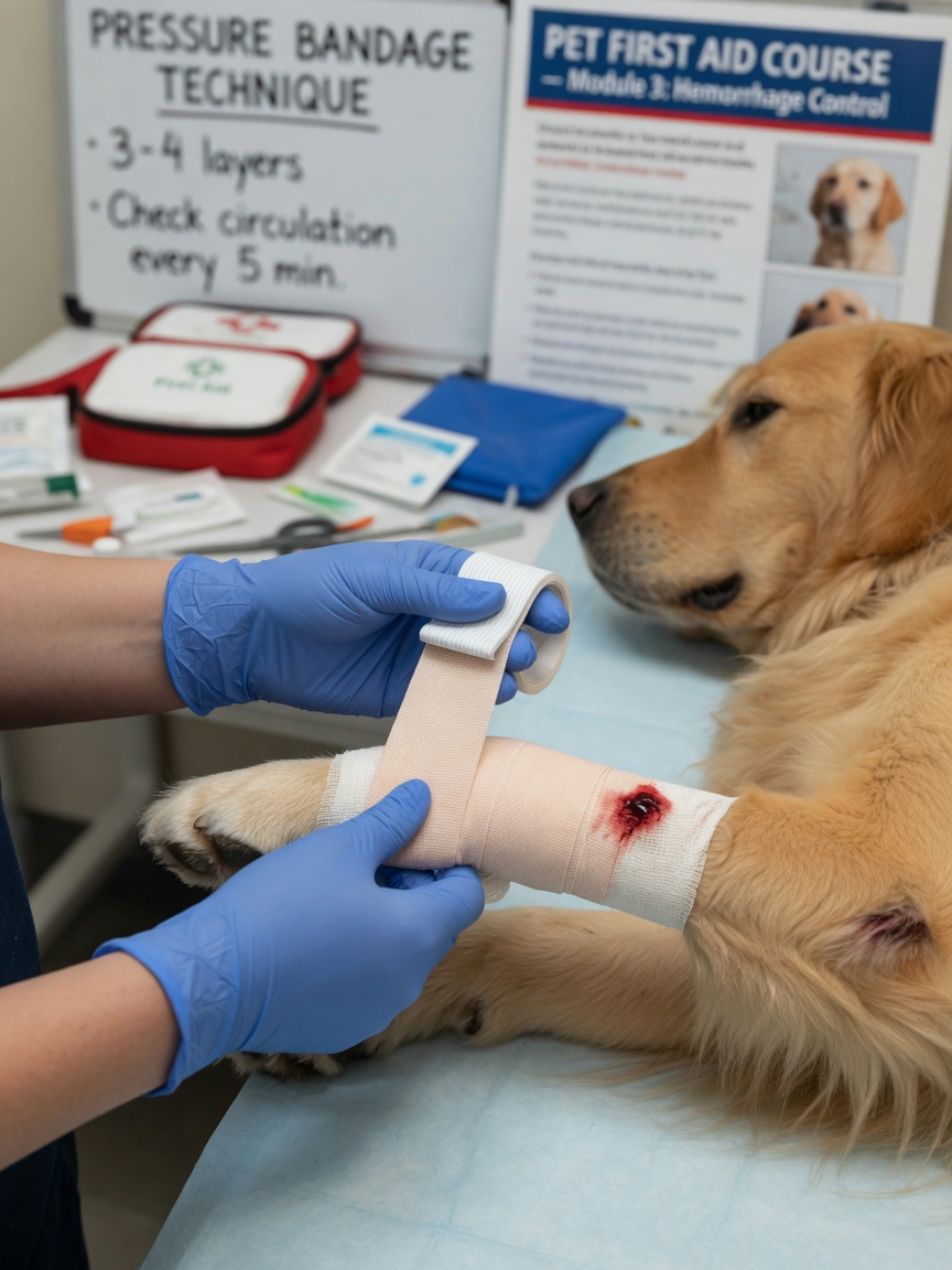 Hands demonstrating proper pressure bandaging technique on a dog's limb during first aid training