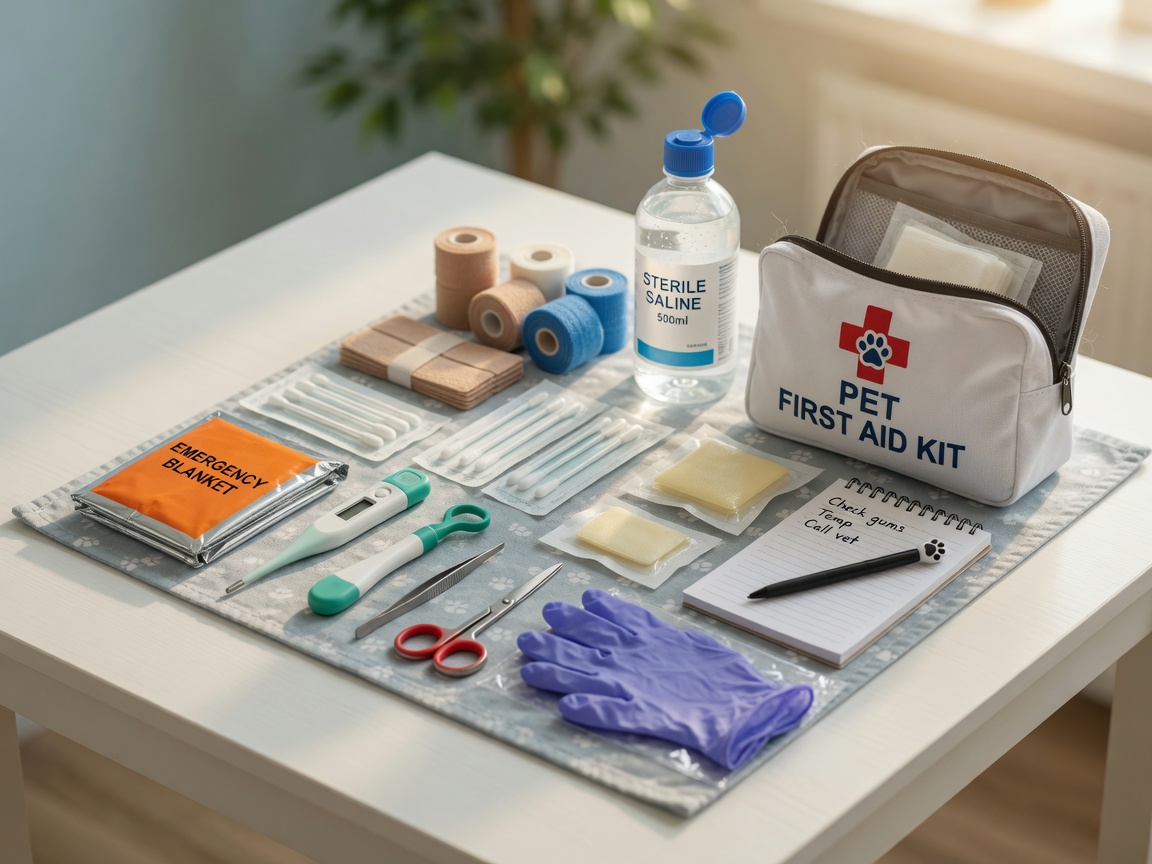 Complete pet first aid kit with bandages, gauze, thermometer, scissors, gloves, and emergency supplies organized on a white surface