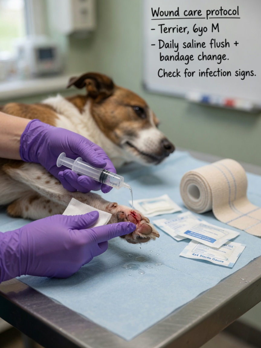 Veterinarian's hands cleaning a dog's paw wound with sterile saline solution and irrigation syringe, with gauze pads and bandage supplies nearby