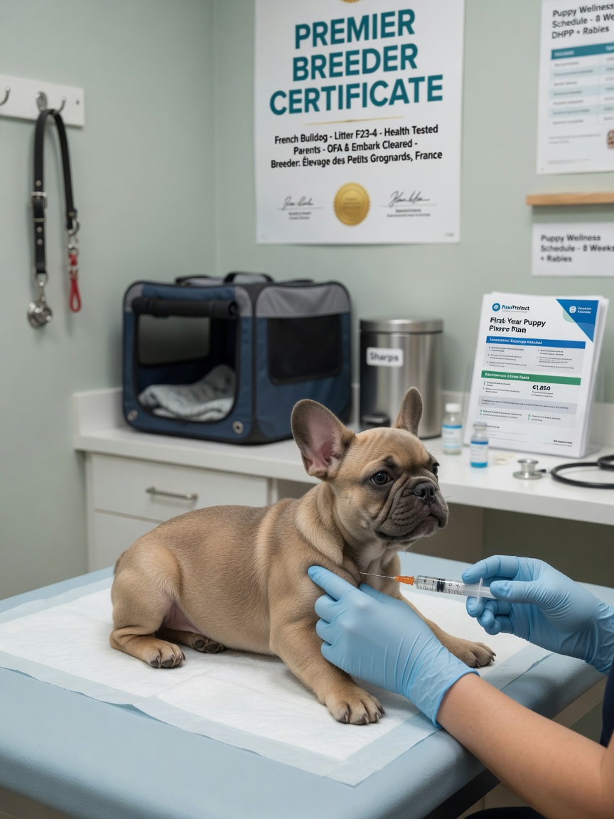 French Bulldog puppy receiving vaccination injection at veterinary clinic during first-year preventive care