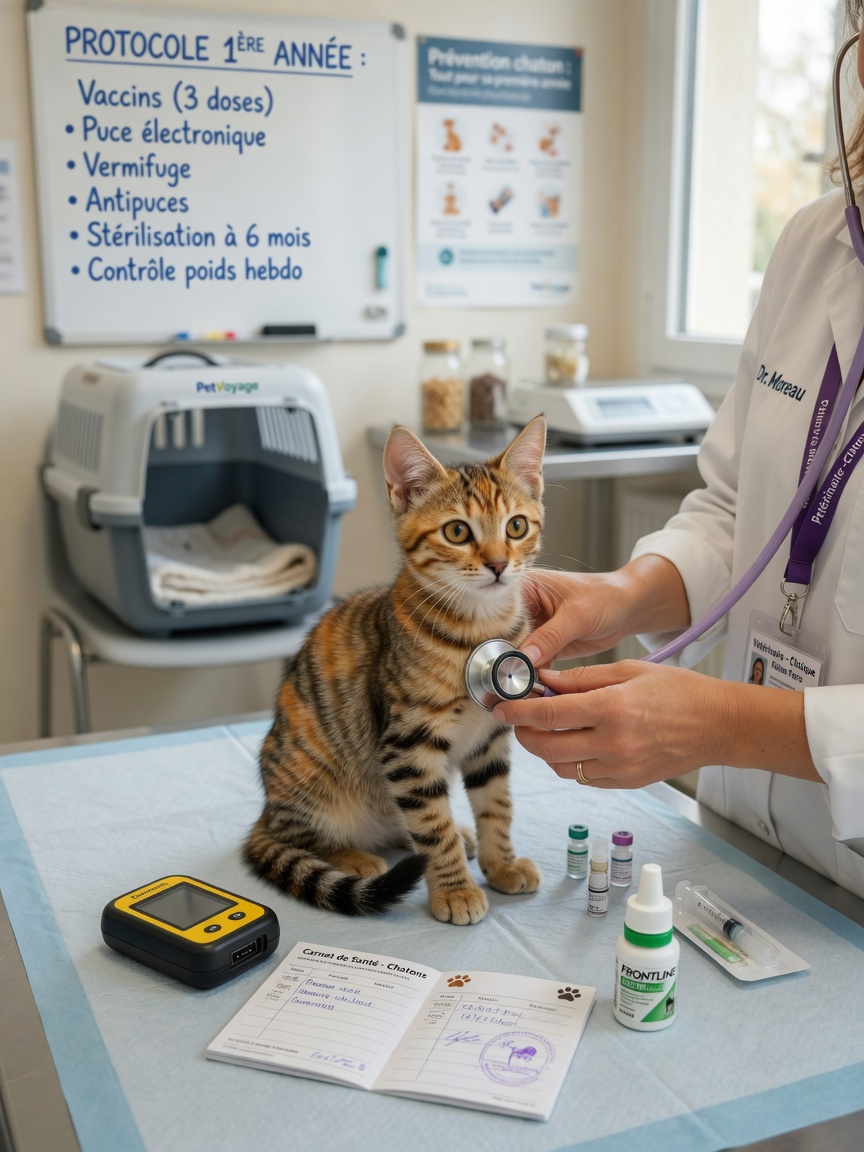Tabby kitten undergoing veterinary examination and first-year preventive care including microchipping assessment