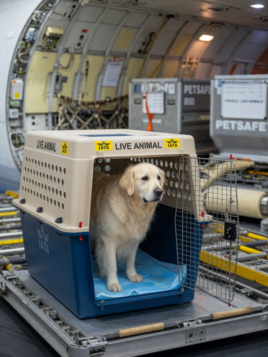 Un perro grande en un transportín de carga conforme a IATA posicionado en una bodega de carga de una aeronave, ilustrando requisitos de transporte de mascotas en carga.