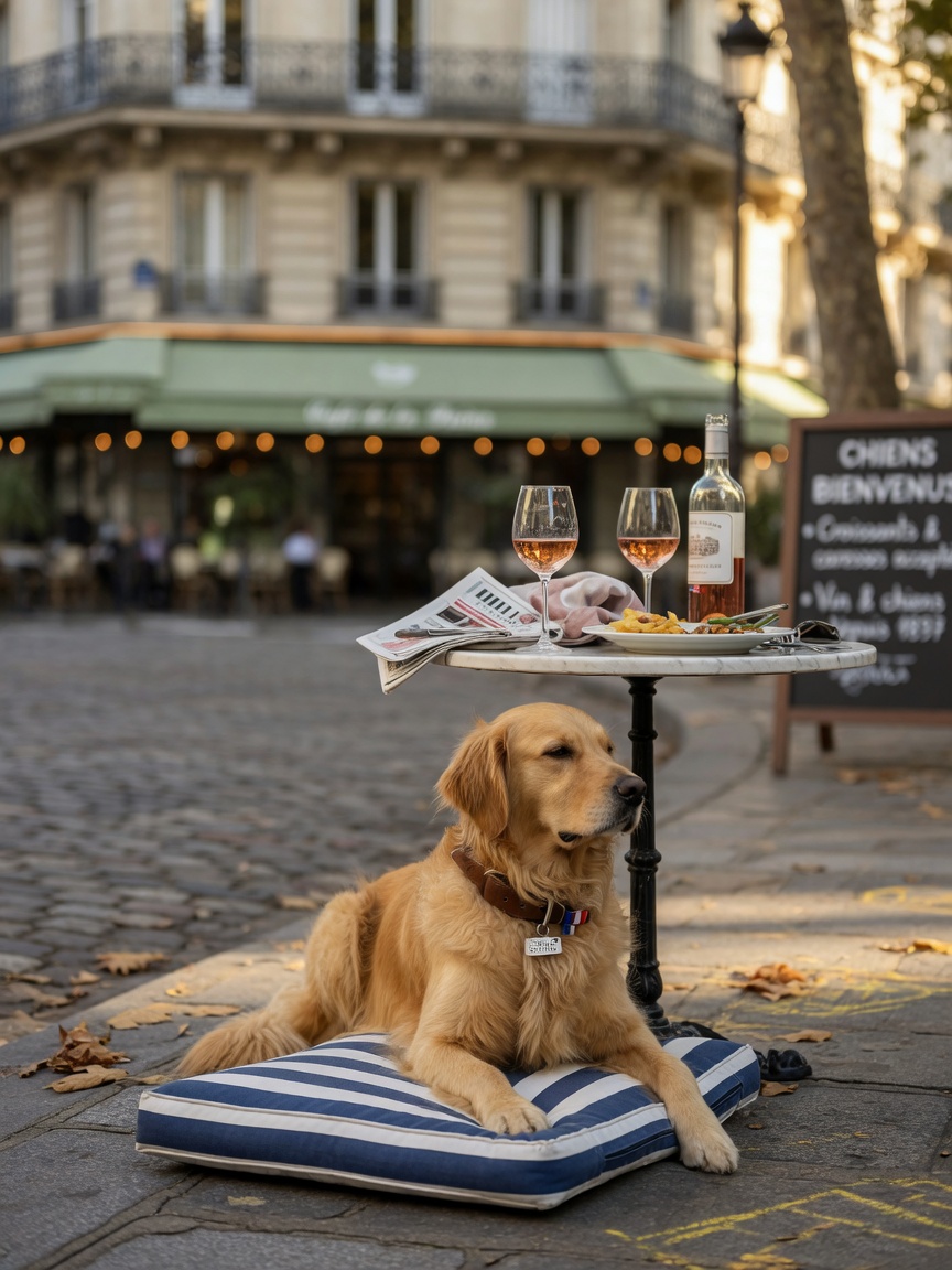 Golden retriever seated under café table in Paris, demonstrating France's pet-friendly culture