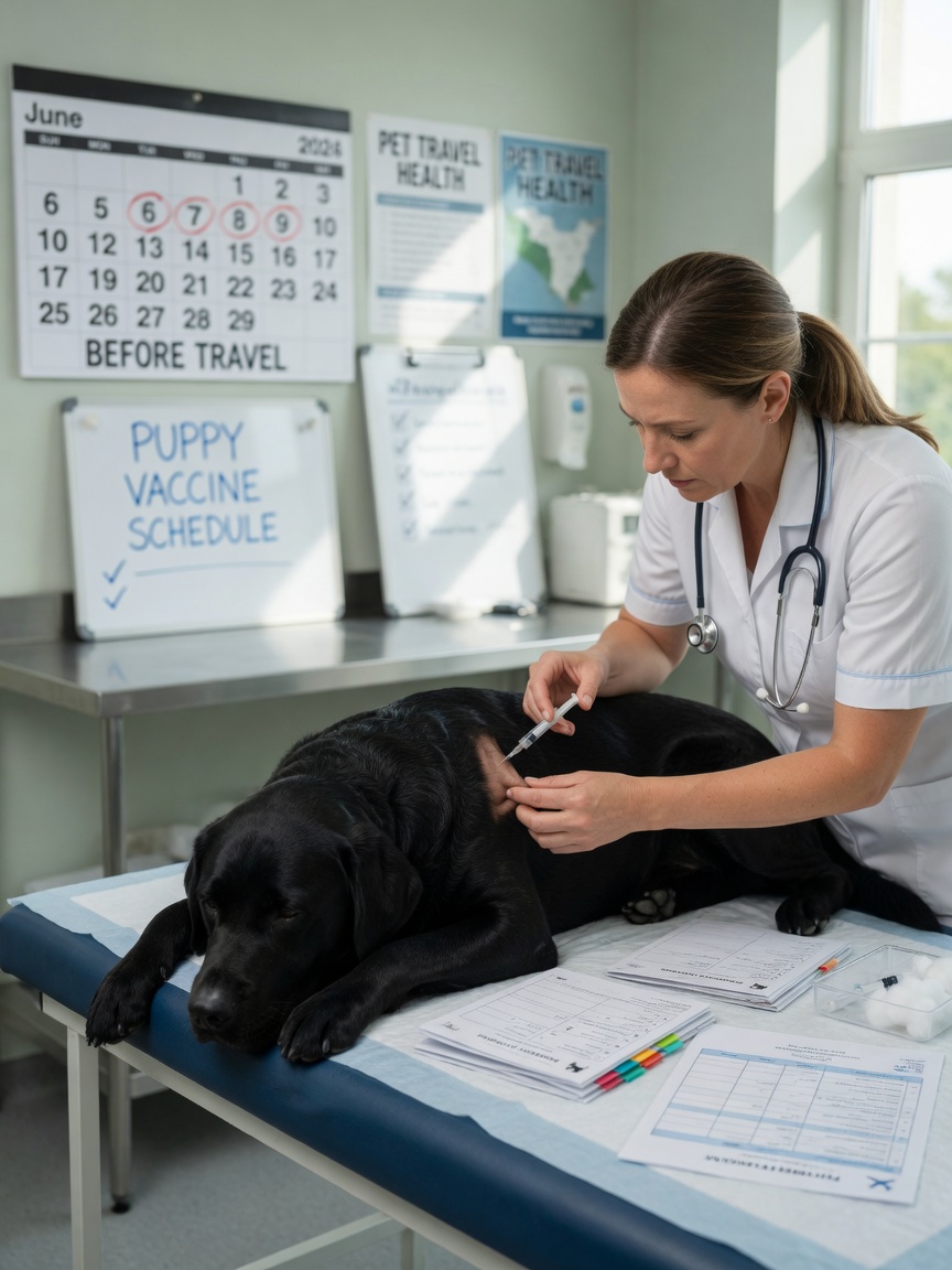 Veterinarian administering preventative injection to Labrador Retriever during pre-travel health appointment