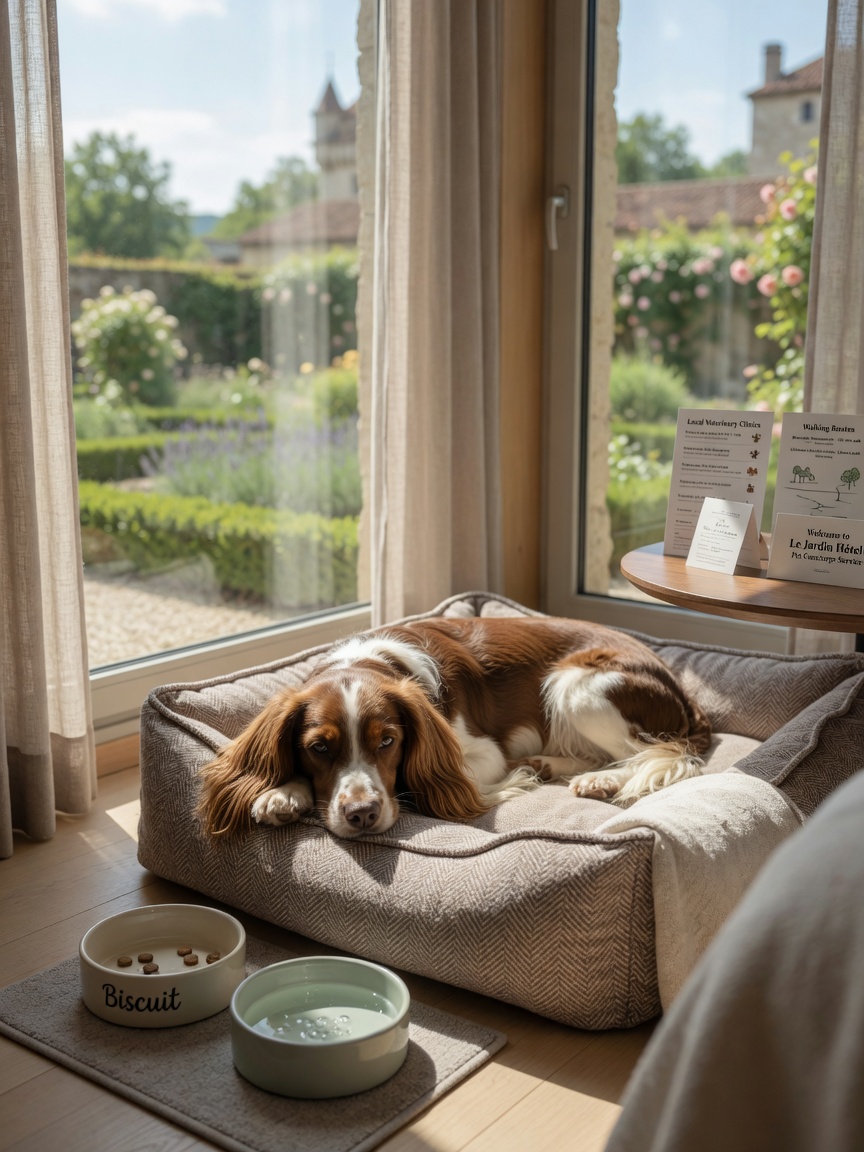 Pet bed with spaniel and amenities in a bright hotel room showing genuine pet-friendly accommodations