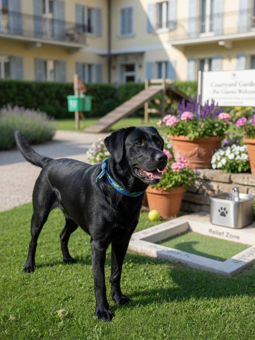 A black Labrador Retriever enjoying outdoor space in a hotel courtyard garden