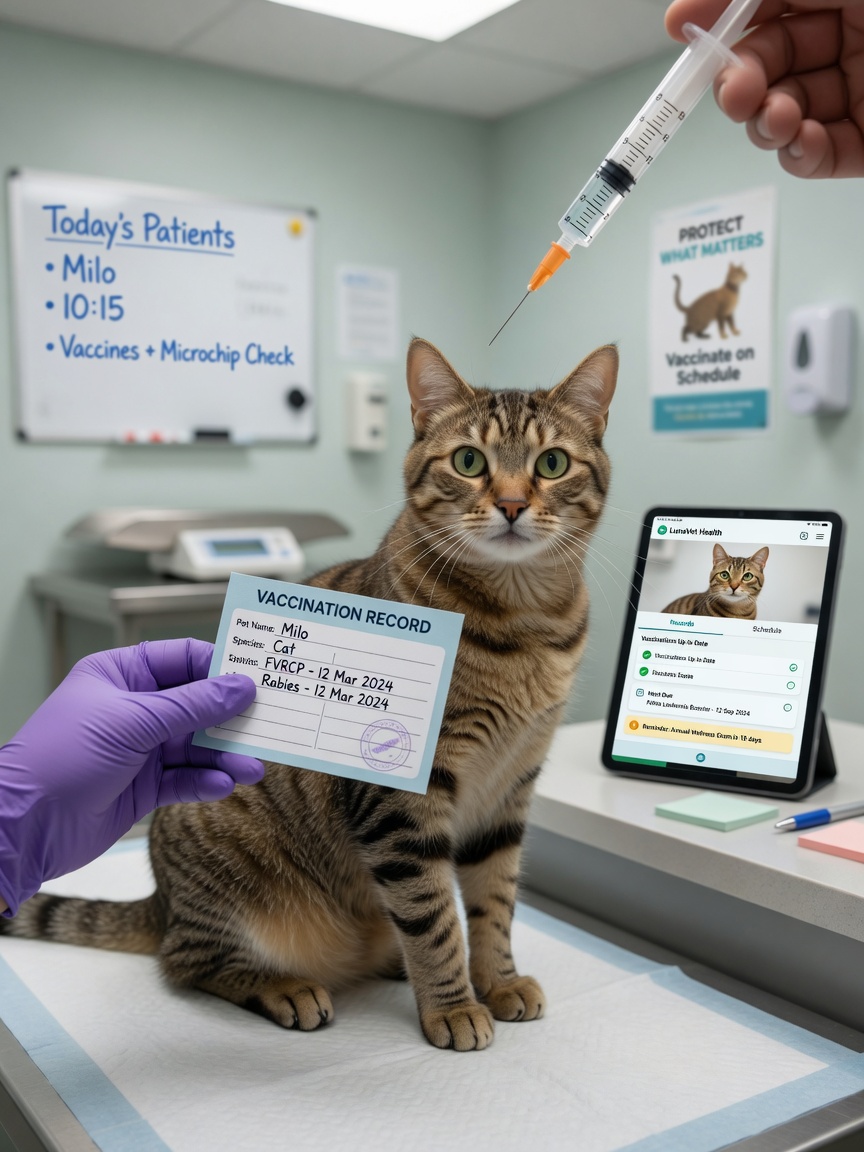 Veterinary vaccination administration with digital health app tracking records displayed on clinic tablet