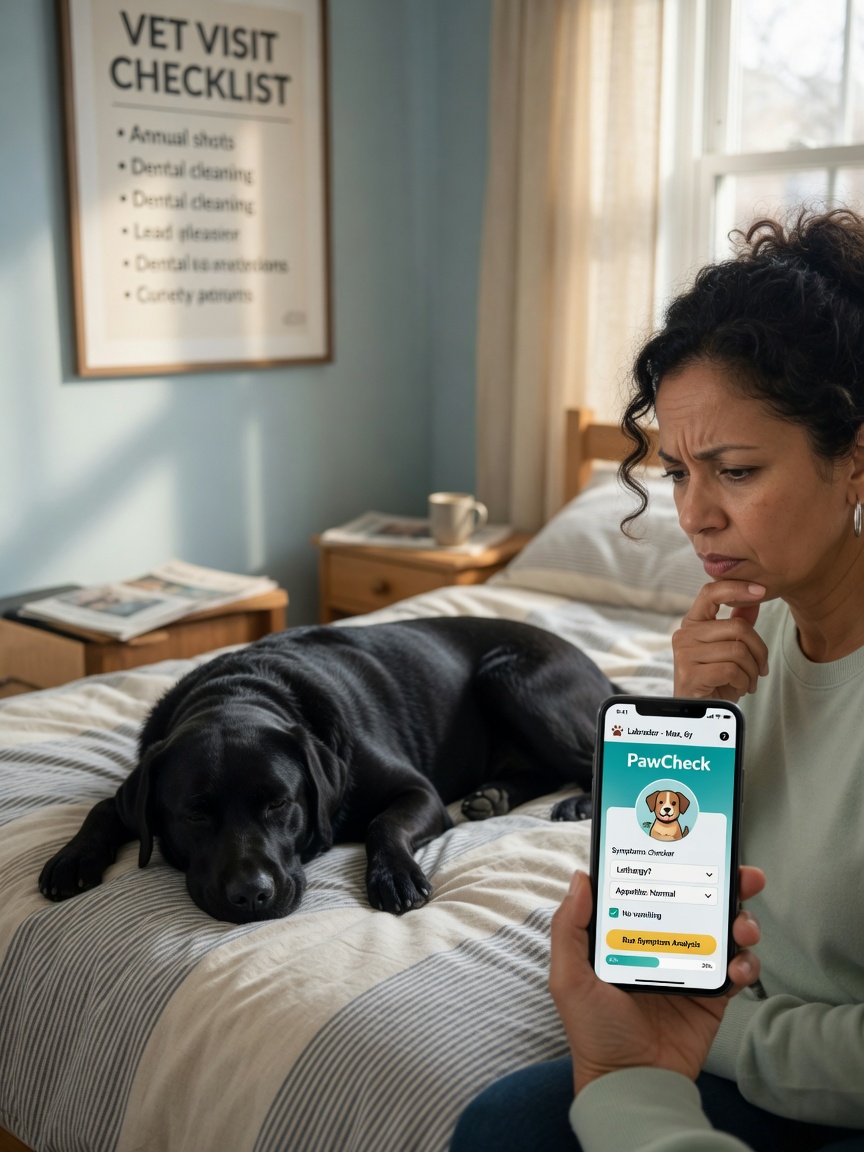 Pet owner examining symptom checker app on phone with healthy dog resting in background, expressing skepticism about app accuracy