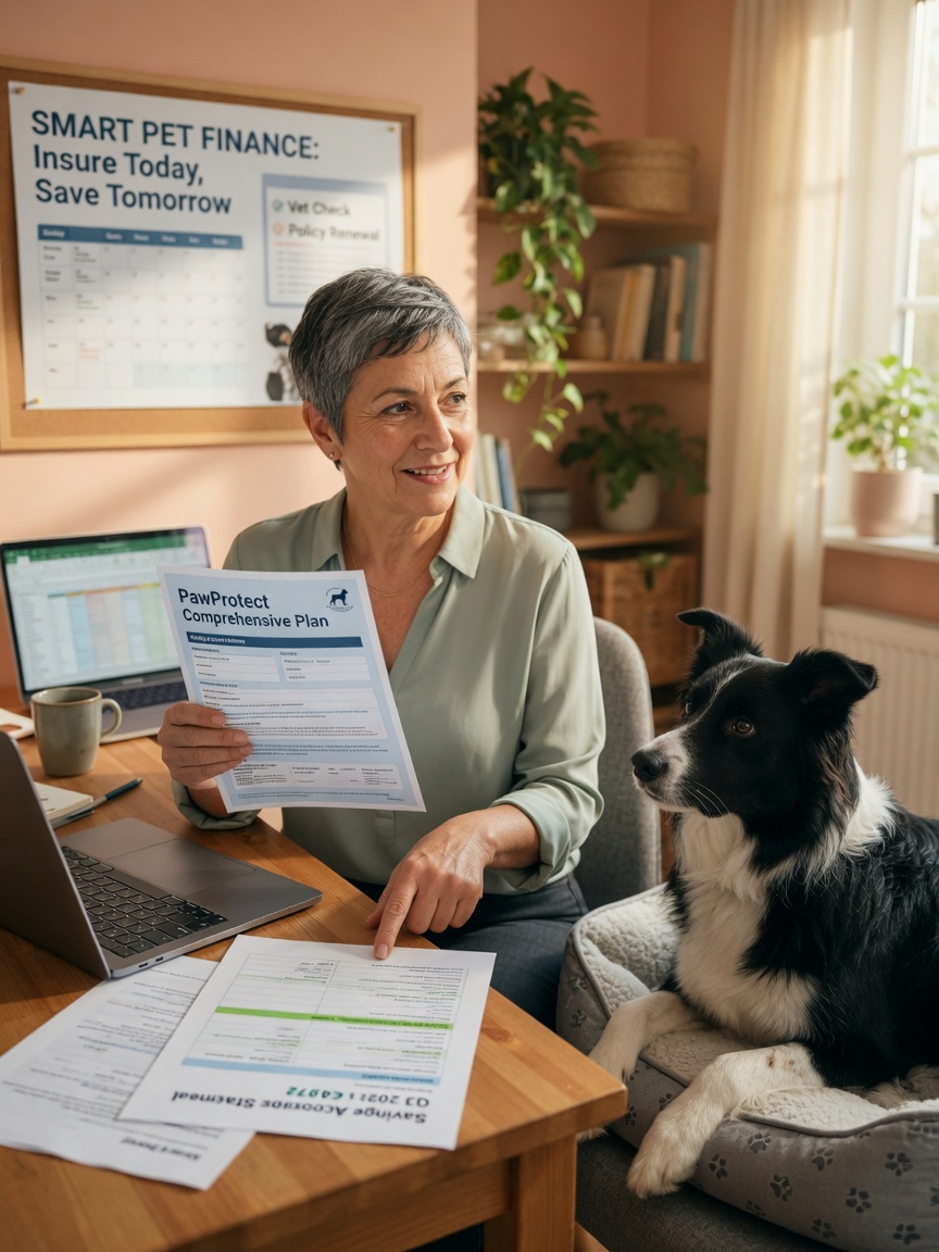 Pet owner at desk comparing pet insurance document and savings account statement with a border collie resting nearby