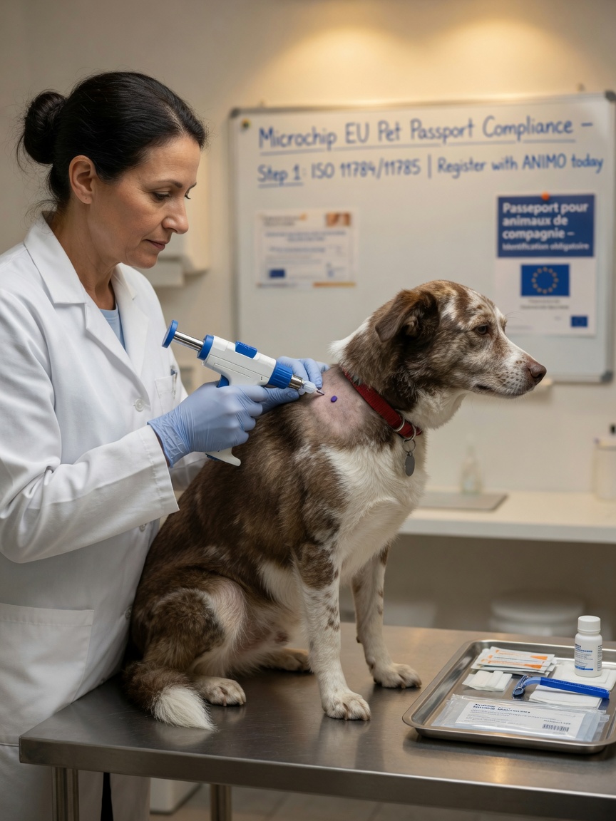 Veterinarian implanting a microchip into a brown and white dog on an examination table