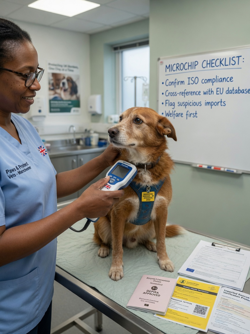 Veterinarian scanning a rescue dog's microchip with a handheld reader to verify identification