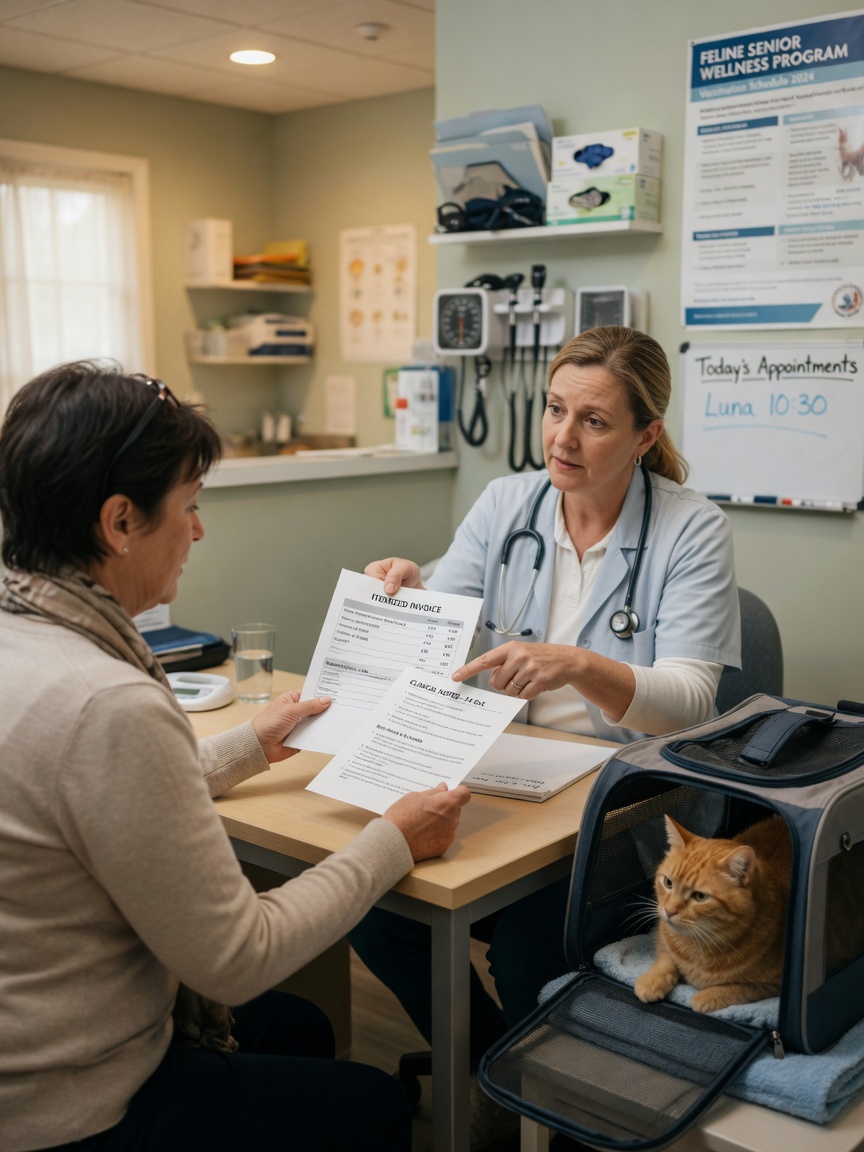 Veterinarian providing detailed medical records and itemized invoice to pet owner during consultation
