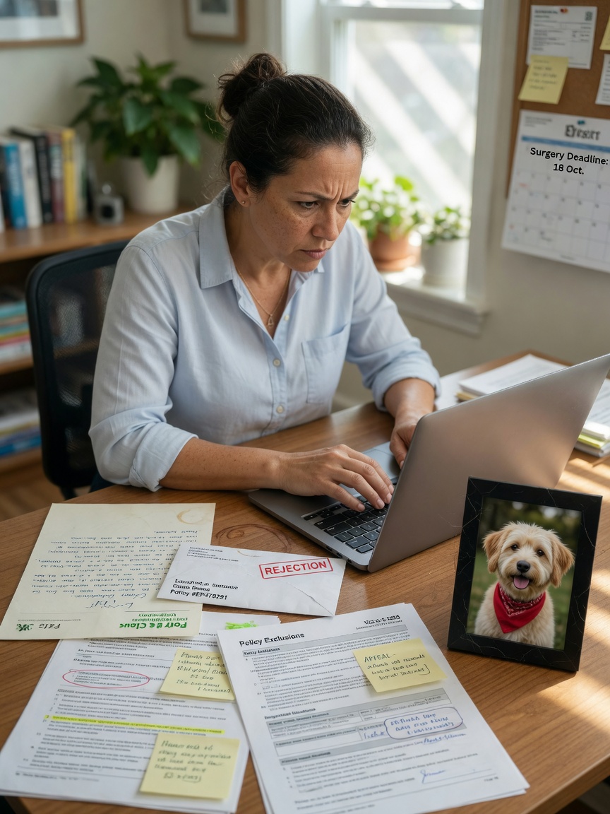 Pet owner composing a formal appeal letter to insurance company with supporting veterinary documentation at home desk