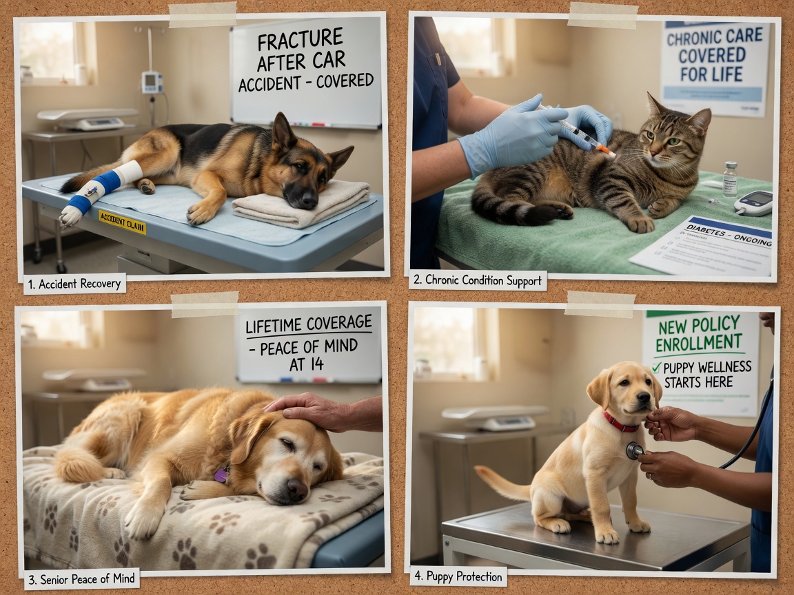 Four insurance coverage scenarios: accident injury, chronic illness treatment, elderly pet lifetime care, and new pet enrollment