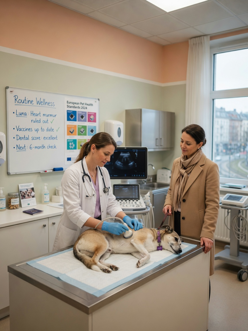 Veterinario realizando un examen profesional a un perro con equipo moderno de clínica