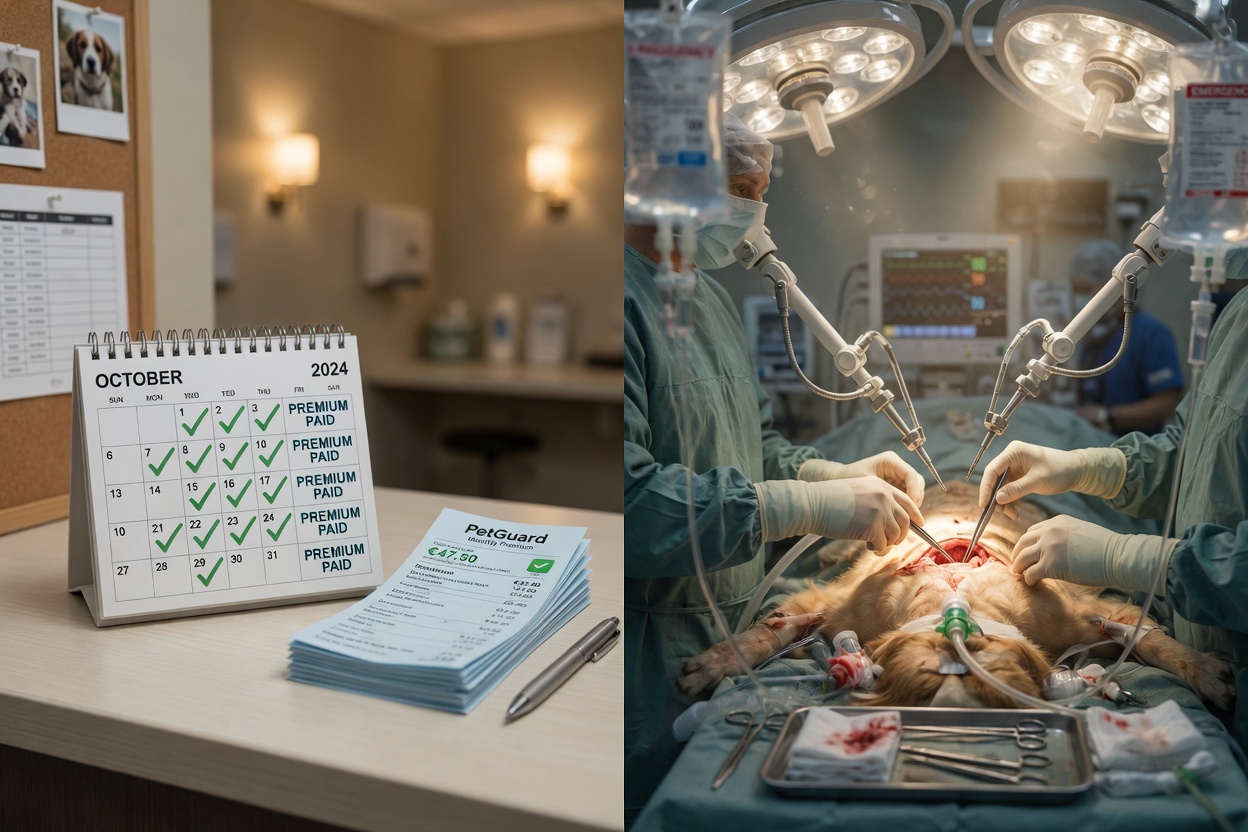 Comparison visual of monthly insurance payments versus emergency veterinary surgery costs