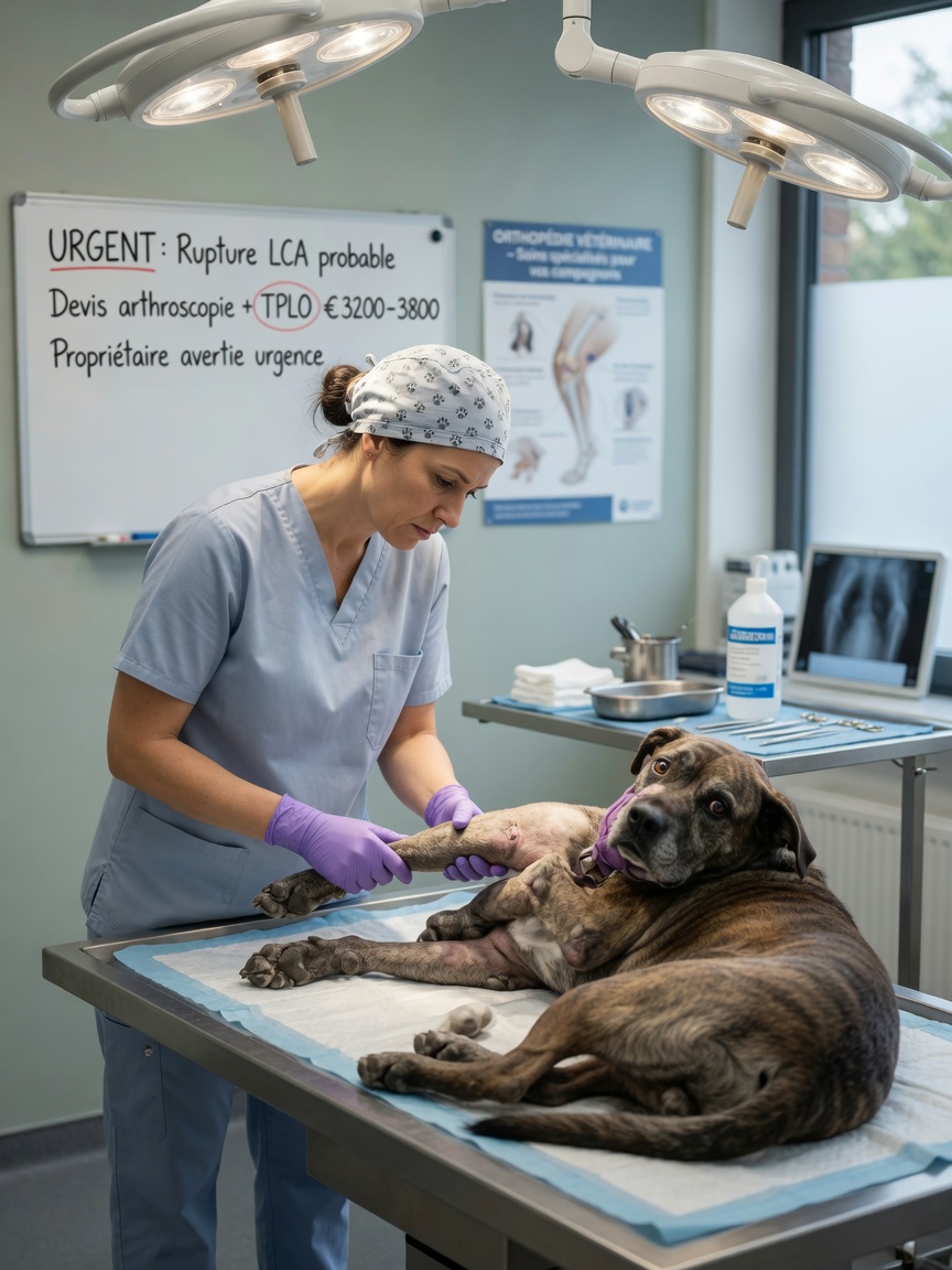 Veterinary surgeon examining a dog's leg during an emergency orthopedic consultation in a modern clinic