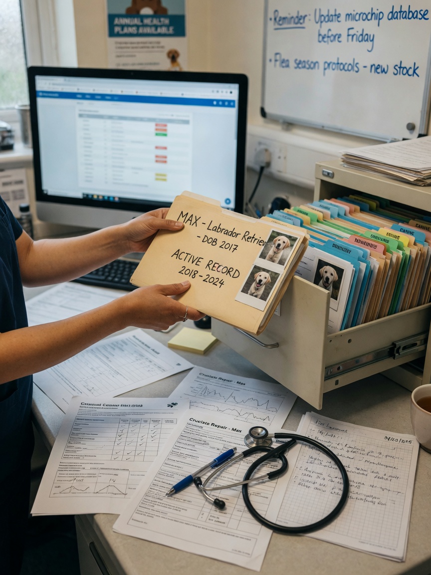 Veterinary medical records being reviewed and retrieved from files and computer systems