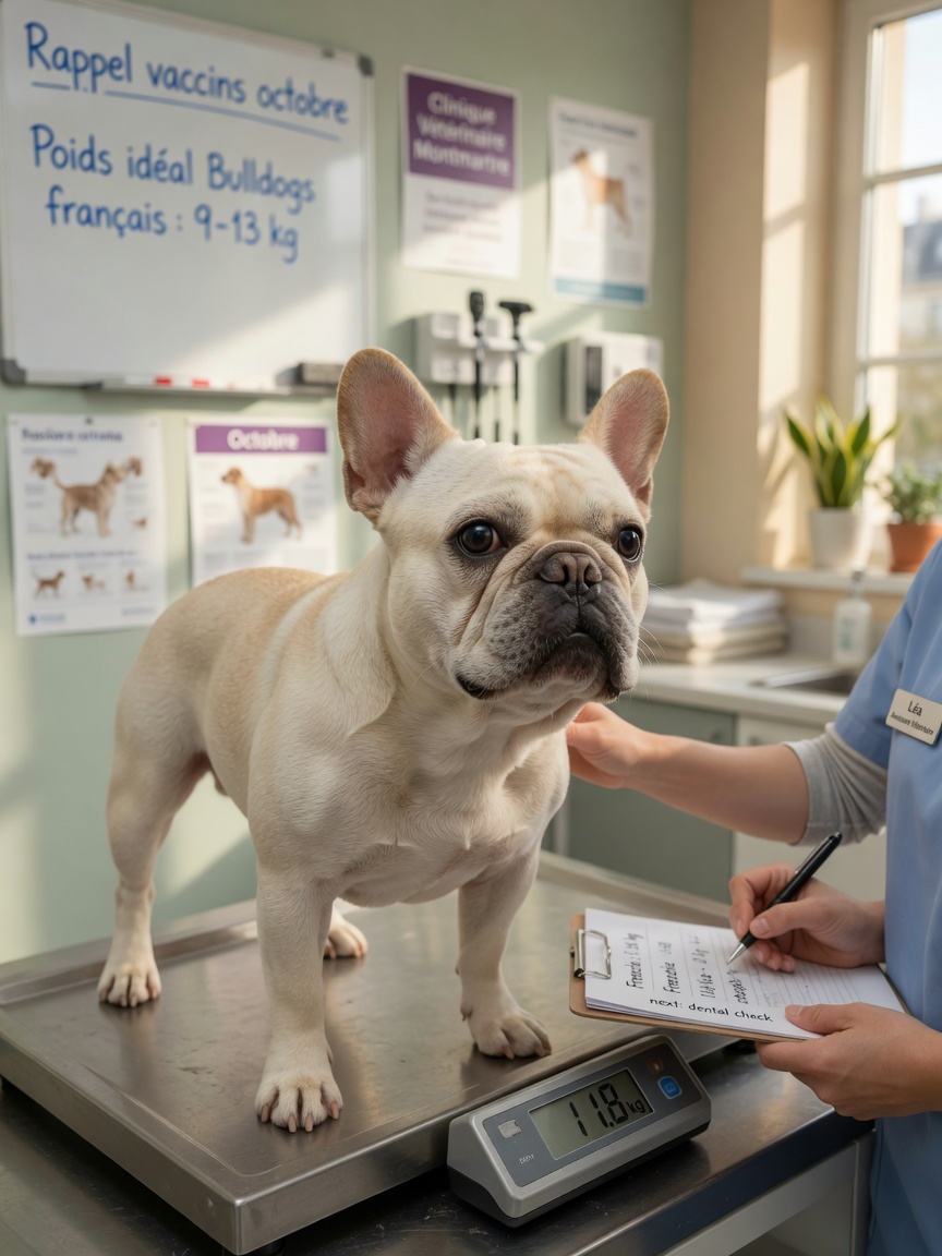 French Bulldog being weighed at vet clinic representing premium risk factors