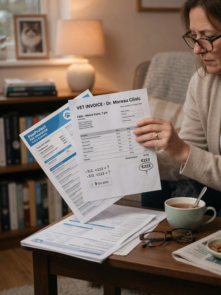 Pet owner reviewing insurance policy and veterinary invoice documents at home