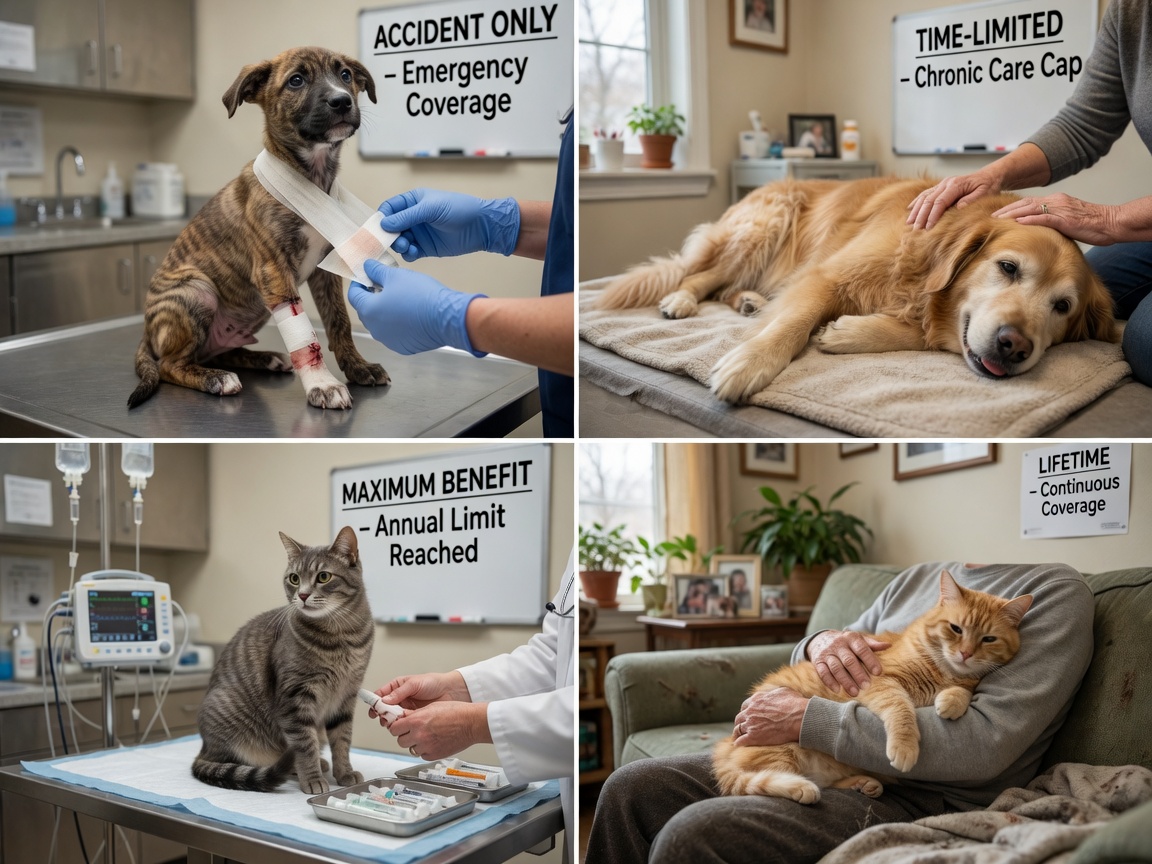 Four insurance policy scenarios illustrated through different pet care situations and life stages