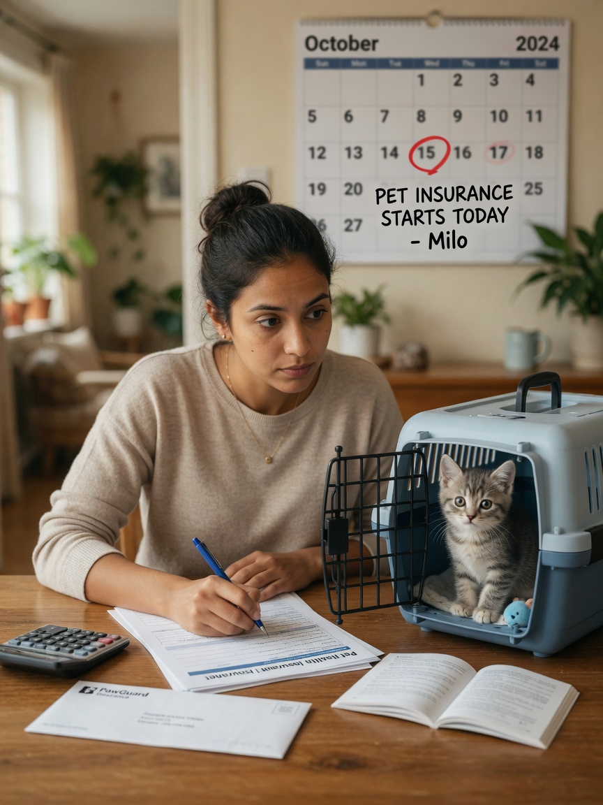 Pet owner enrolling young kitten in insurance policy immediately after bringing it home